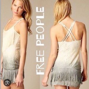 FREE PEOPLE Ombré Cream fringed lace boho mini dress women’s size 4 Y2K